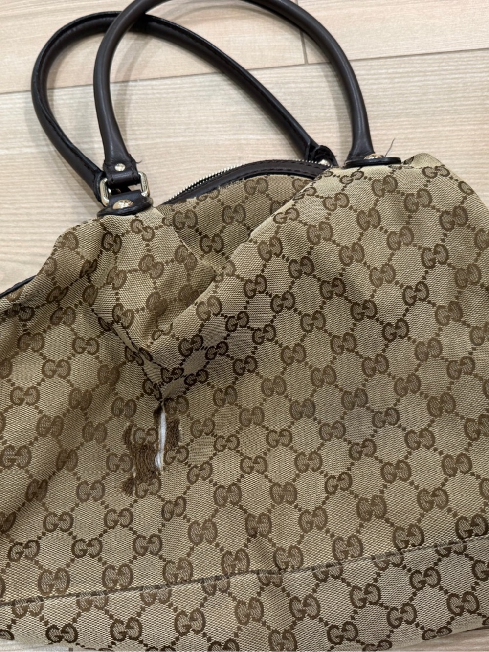 Gucci Brown GG Canvas Tote with Black Leather Trim - Picture 2 of 6